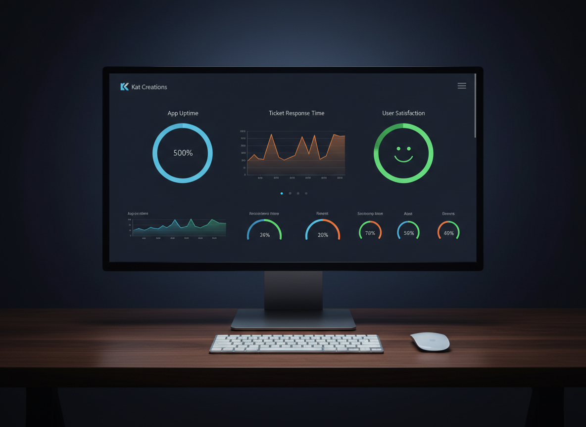 A clean, data-driven customer support dashboard displayed on a large, ultra-wide monitor with minimal bezels, sitting on a dark walnut desk. The screen shows colorful but professional charts and status indicators for app uptime, ticket response time, and user satisfaction for Kat Creations apps. A sleek wireless keyboard and mouse sit precisely aligned in front. Soft, cool studio lighting from above and slightly behind the monitor creates a subtle halo around the screen and gentle reflections on the desk surface. The background fades into a dark, smooth gradient, placing full emphasis on the illuminated data. Captured head-on with sharp focus and symmetrical composition, the photographic image conveys reliability, monitoring, and proactive app support management.