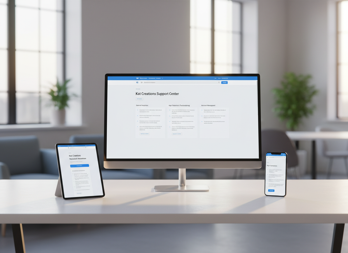 An organized digital FAQ concept displayed across multiple devices: a large, ultra-thin monitor shows a clean FAQ page with categorized questions for Kat Creations apps, while in front of it a tablet and smartphone each display different sections of the same support site. All devices stand on a matte white desk with a subtle texture. Natural afternoon light from the right creates gentle highlights along the screen bezels and soft shadows behind each device. The background is a softly blurred office interior in cool neutrals, emphasizing the foreground. Captured from a slightly elevated, wide-angle view with sharp focus, the photographic scene conveys accessibility, cross-device support, and a professional, user-first atmosphere.