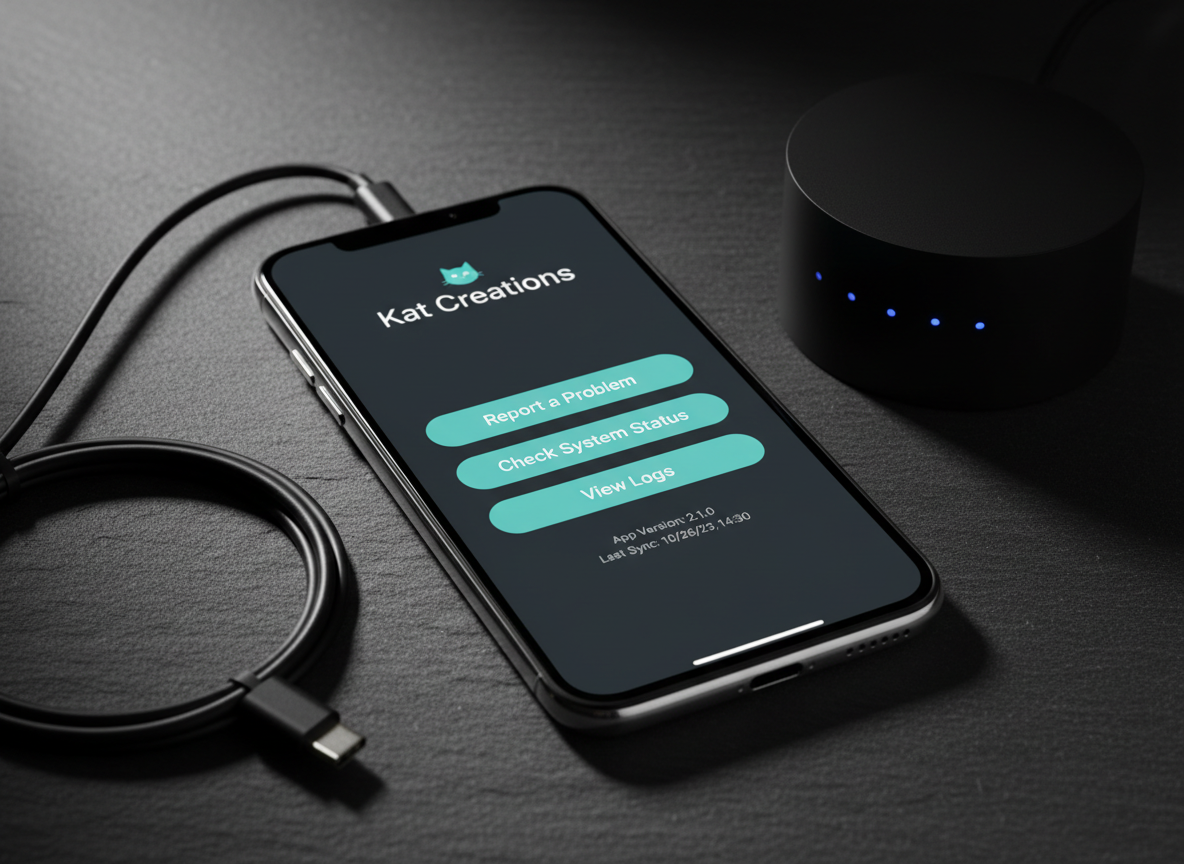 A detailed app settings and diagnostics scene on a smartphone, lying on a dark slate surface with a fine, natural texture. The screen shows an in-app support section for a Kat Creations app: buttons for "Report a Problem", "Check System Status", and "View Logs" in a clean, modern interface with teal and white accents. Nearby, a slim USB-C cable and a compact, matte-black Wi-Fi router with subtle LED indicators hint at connectivity troubleshooting. Directional side lighting from the left creates dramatic but controlled shadows and bright highlights along edges, adding depth. Shot close-up with a shallow depth of field and photographic realism, the atmosphere feels technical yet approachable, ideal for illustrating advanced support options.