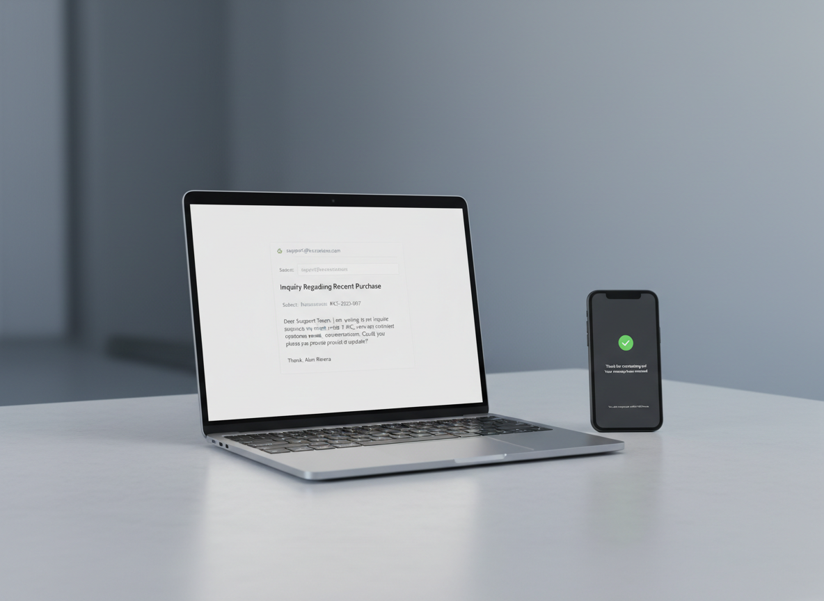 A minimalist tech support workspace featuring a slim, open laptop in brushed aluminum, centered on a pale concrete desk. The screen shows an email composition window addressed to "support@katcreations.com" with a concise, professional message draft. To the right sits a dark charcoal smartphone displaying a contact form confirmation screen. Cool, soft studio lighting from the front and above gently highlights metal edges and smooth surfaces, casting delicate, controlled shadows. The background fades into a soft-focus gradient of cool grays and blues, enhancing a calm, corporate mood. Framed using the rule of thirds with ample negative space, the photographic image communicates ease of contacting support and a streamlined assistance process.