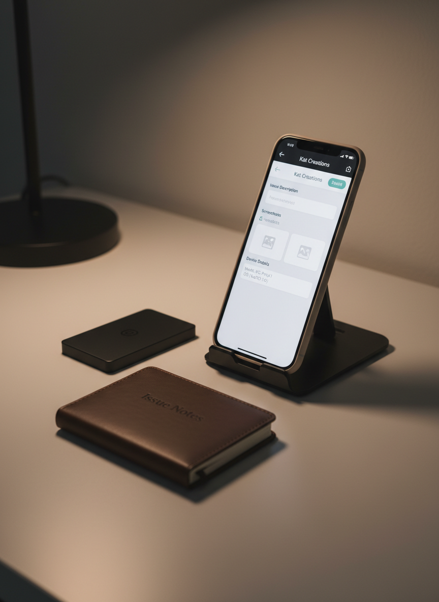 A focused bug-reporting environment featuring a smartphone propped upright against a matte black stand on a light gray desk. The phone screen shows a structured bug report form from a Kat Creations app, with fields for issue description, screenshots, and device details in a clean UI. Beside it lies a portable SSD drive and a small, dark notebook labeled "Issue Notes" in subtle embossed lettering. Soft, directional light from a desk lamp outside the frame casts warm, controlled illumination over the objects, creating crisp but gentle shadows. Shot at a low, three-quarter angle with a shallow depth of field, the photographic composition feels precise, technical, and professional, ideal for illustrating the app debugging and feedback process.
