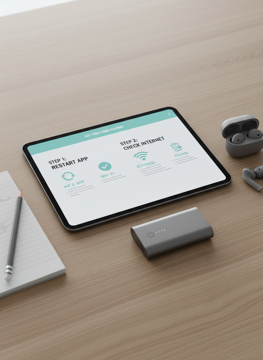 A close-up of a modern tablet lying flat on a light oak surface, its high-resolution screen showing a step-by-step app troubleshooting guide with clear headings and icons. Around the tablet are neatly arranged elements: a small notepad with a mechanical pencil, a pair of wireless earbuds in a matte charging case, and a slim external battery, all in muted gray tones. Soft, diffused overcast light from above creates even illumination with minimal shadows, emphasizing clarity and order. Shot from a slightly elevated angle with sharp focus throughout, the scene feels calm, methodical, and professional, reflecting the structured support experience of Kat Creations apps in a clean, photographic style.